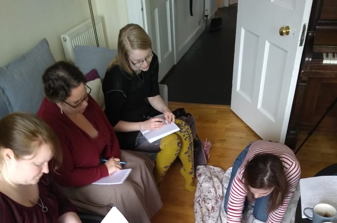 On Tuesday, the entire sewing team got together to examine in person the two practice/test dresses that Lauren and Abby had made back in Reno.