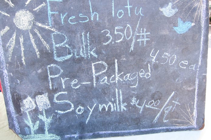 Farmer's market board designed by Ina.  Note the "tofu plants".