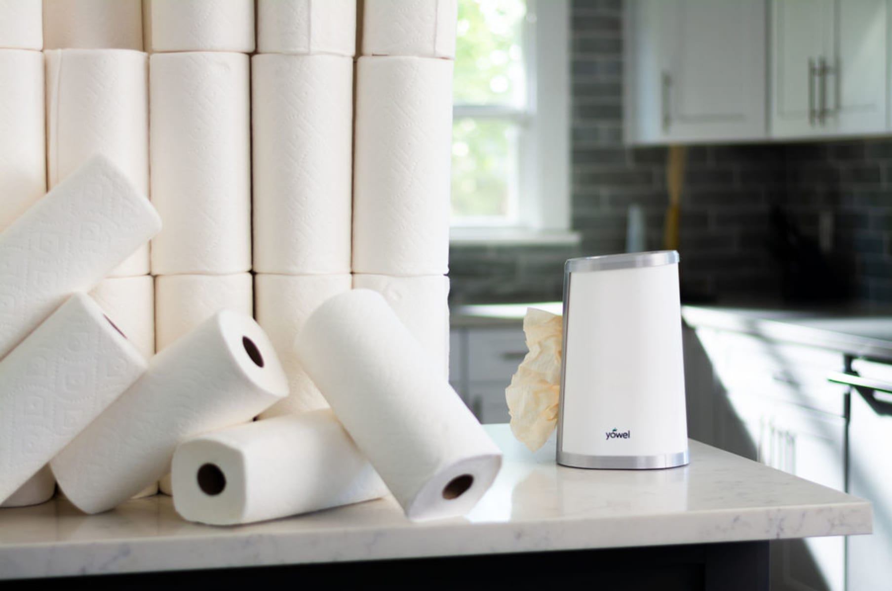 YOWEL Under Cabinet Reusable Towel Dispenser | Includes 40-Eco Friendly Reusable Towels, 1-Mesh Bag, 2-Hooks